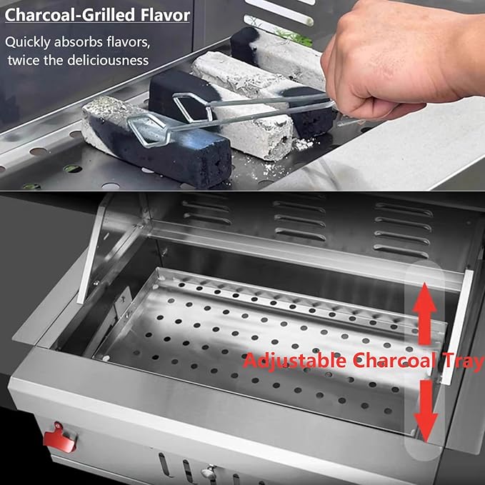 Built In Charcoal Grills Outdoor Kitchens,28-Inch Stainless Steel Charcoal bbq Grill Built In with Liftable Charcoal Tray,Insulated Hood, Temperature Gauge and Rain Fabric cover (Round Lid)