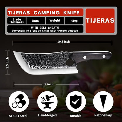 TIJERAS Butcher Knife Set, 3PCS Hand Forged Meat Cleaver, Serbian Chef Knife, Viking Knives with Sheaths, Meat Cutting Chef Knives Set for Kitchen Camping BBQ, Gifts for Men and Women