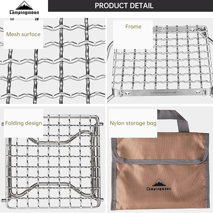 Campingmoon Portable Campfire Grill Grate 304 Stainless Steel Folding Camping Grill Over Gas Stove BBQ Grill Rack with Legs and Carrying Bag