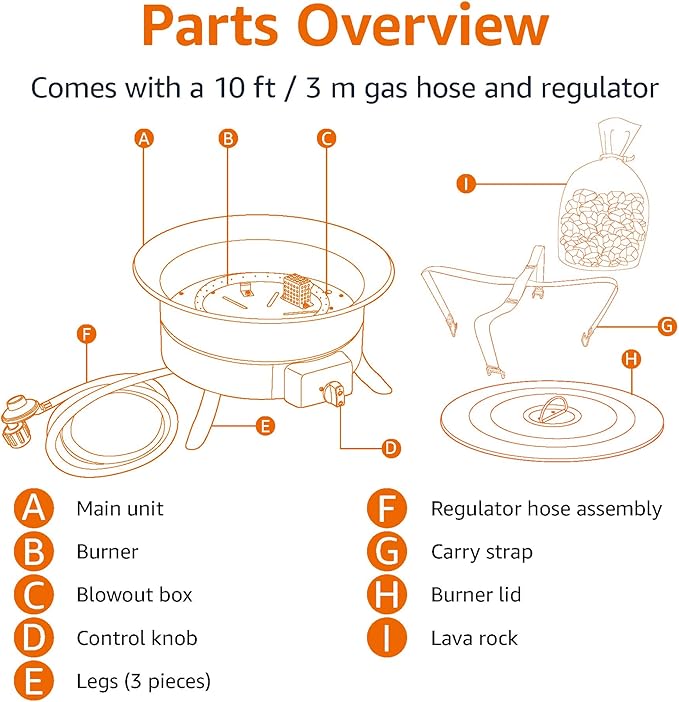 Amazon Basics Portable Propane Fire Pit, 19 inch Round Gas for Patio, 55,000 BTU, Carry Strap, Heat, Warmth and Ambience
