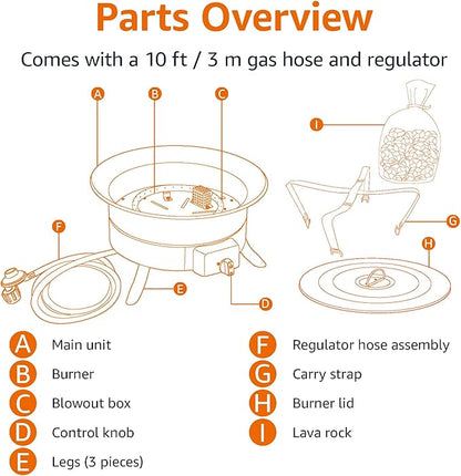 Amazon Basics Portable Propane Fire Pit, 19 inch Round Gas for Patio, 55,000 BTU, Carry Strap, Heat, Warmth and Ambience