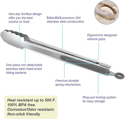 ALLWIN-HOUSEWARE W 304 Stainless Steel Kitchen Cooking Tongs, 12" and 14" Set of 2 Sturdy Grilling Barbeque Brushed Locking Food Tongs with Ergonomic Grip, Grey