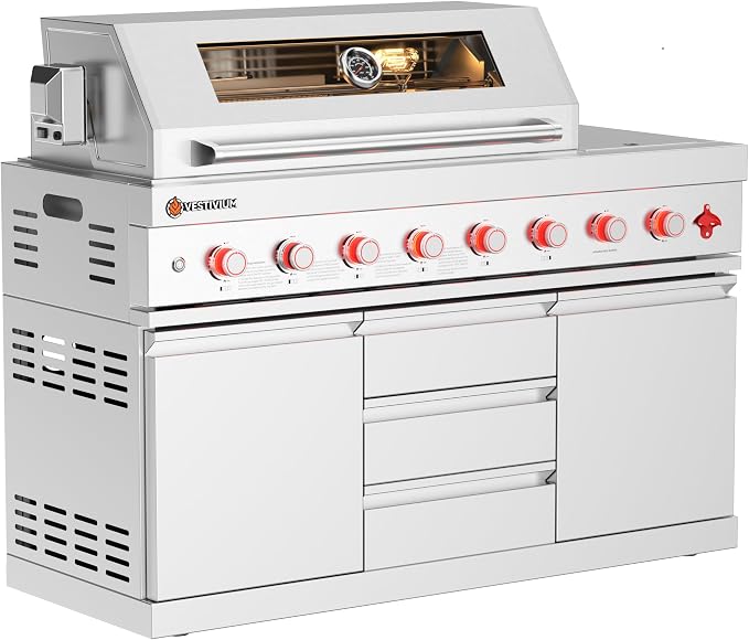 6+1 Burner Propane Modular Outdoor Kitchen Grill Module, 99500 BTU Stainless Steel BBQ with Side Burner for Patio Island Large Epic Backyard Parties Entertaining LPG