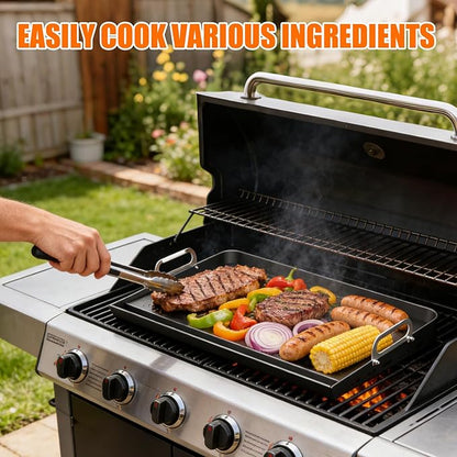 16" x 13" Portable Steel Nonstick Grill Griddle for Gas & Charcoal Grills, Flat Top BBQ Griddle Plate with Grease Groove & Removable Handle, Universal Fit for Outdoor & Home Cooking, Tailgating