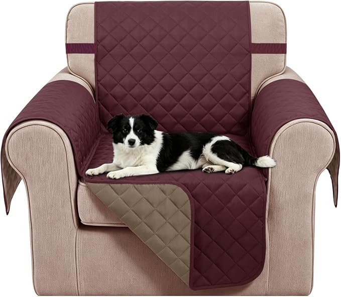 Reversible Recliner Chair Covers, 23" Chair, Burgundy/Camel | Chair Covers for Living Room with Elastic Straps, Water Repellent, Chair Protectors Covers for Dogs