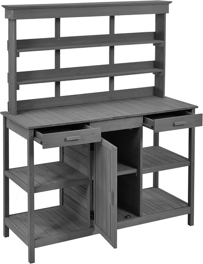 Merax 66" Large Outdoor Farmhouse Wooden Potting Bench Table, Garden Workstation with 2 Drawers, Cabinet, and Open Shelves for Backyard, Mudroom, Grey