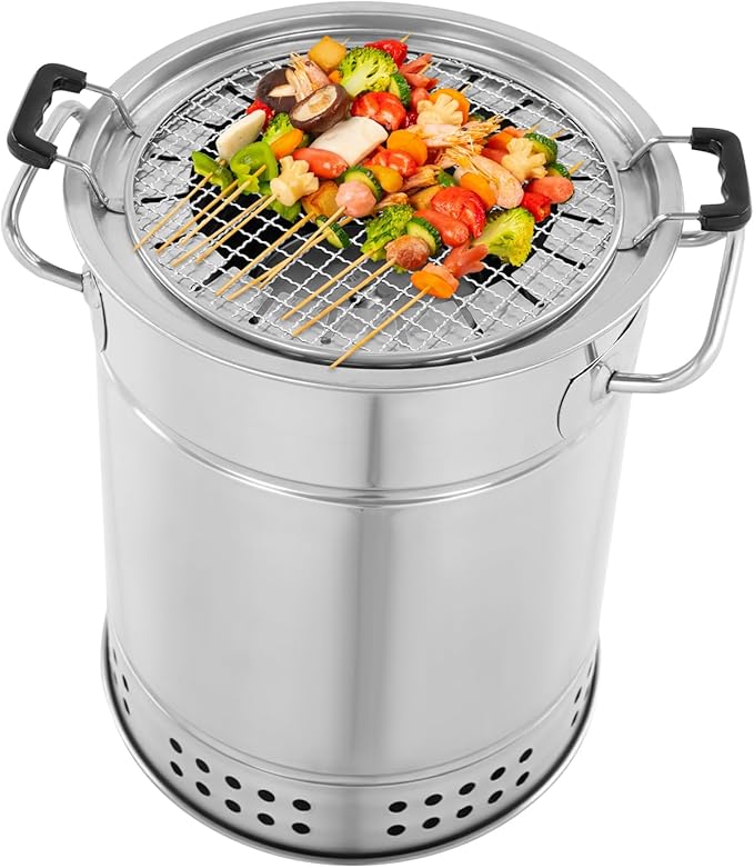 Surround Charcoal Grill, 2-In-1 Stainless Steel Smokeless Barbecue Hanging Grill with 20 Skewers, for Camping, Picnics, Parties, Beaches (Within 6 People)
