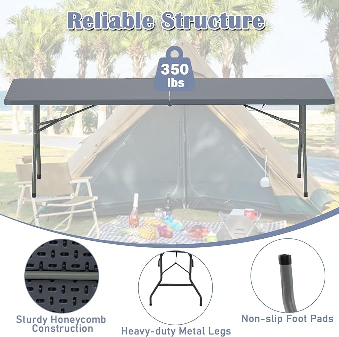 Tangkula 8 FT Folding Table, Indoor Outdoor Foldable Plastic Table | HDPE Tabletop, Sturdy Metal Fame, Carrying Handle, Heavy Duty, Portable ,Fold-in-Half, for Picnic, Camping, BBQ, Party