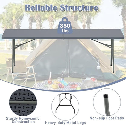 Tangkula 8 FT Folding Table, Indoor Outdoor Foldable Plastic Table | HDPE Tabletop, Sturdy Metal Fame, Carrying Handle, Heavy Duty, Portable ,Fold-in-Half, for Picnic, Camping, BBQ, Party