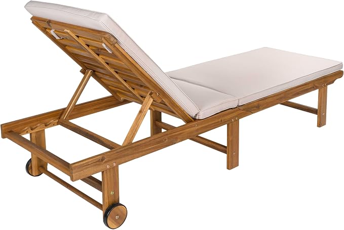 JONATHAN Y Mallorca 23.62" x 77.17" Acacia Wood Chaise Lounge, Beige | 5-Position Reclining Back, Foldable Frame, Dual Rear Wheels, Included Cushion, Teak Brown Finish, Armless Slat, Coastal Style