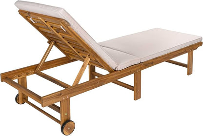 JONATHAN Y Mallorca 23.62" x 77.17" Acacia Wood Chaise Lounge, Beige | 5-Position Reclining Back, Foldable Frame, Dual Rear Wheels, Included Cushion, Teak Brown Finish, Armless Slat, Coastal Style