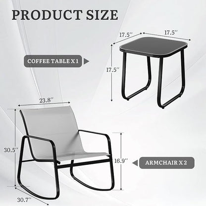 DWVO 3 Piece Rocking Patio Furniture Set Textilene Patio Set Outdoors Grey | Heavy-duty Small Patio Furniture Set w/Breathable Fabric, Smooth Rocking, Tempered Glass Table, Easy Assembly and Cleaning