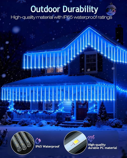 PEMOTech Christmas Lights Outdoor,16 Tubes (Equivalent to 2 Sets of 8-Tubes) Meteor Shower Lights,Waterproof Christmas Decorations for Xmas Tree Party, Outdoor Christmas Decorations,UL Plug,Blue