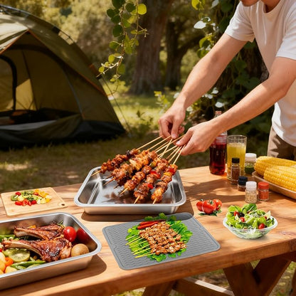 10PCS Grill Carry System Lanstics 15.7"x11.8" Grilling Prep Trays Stainless Steel Platter BBQ Serving Trays with Lid Chopping Board Skewers for Outdoor Barbecue Party