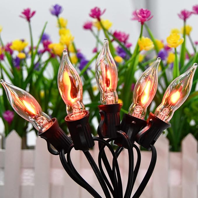 Halloween Lights 27.8 FT Flickering Flame String Lights with 25 Flame Light Bulbs Twinkle C18 E12 Base Indoor Outdoor Fireplace Tree for Halloween Decorations-Black Wire