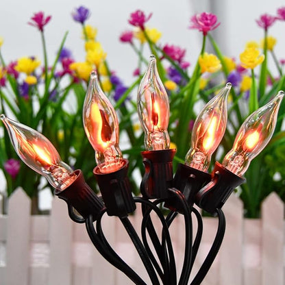 Halloween Lights 27.8 FT Flickering Flame String Lights with 25 Flame Light Bulbs Twinkle C18 E12 Base Indoor Outdoor Fireplace Tree for Halloween Decorations-Black Wire