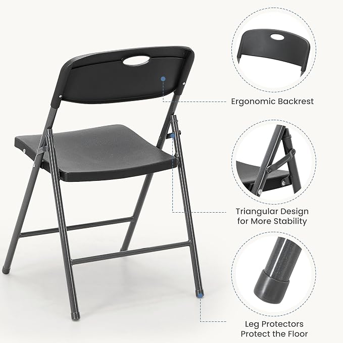 DUMOS 2 Pack Folding Chairs Heavy Duty - Plastic Stackable Portable Dining Chairs Set, Wedding, Party, Patio, Garden, for Indoor Outdoor, for Home and Office, Conference, Black