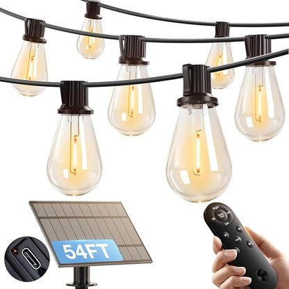 addlon 54FT(48FT+6) Solar String Lights Outdoor, Waterproof, Last 20+ Hrs | 16 Shatterproof LED Bulbs, USB Charging, Dimmable, Timer Remote, Easy Install for Garden, Backyard, Pergola and Party