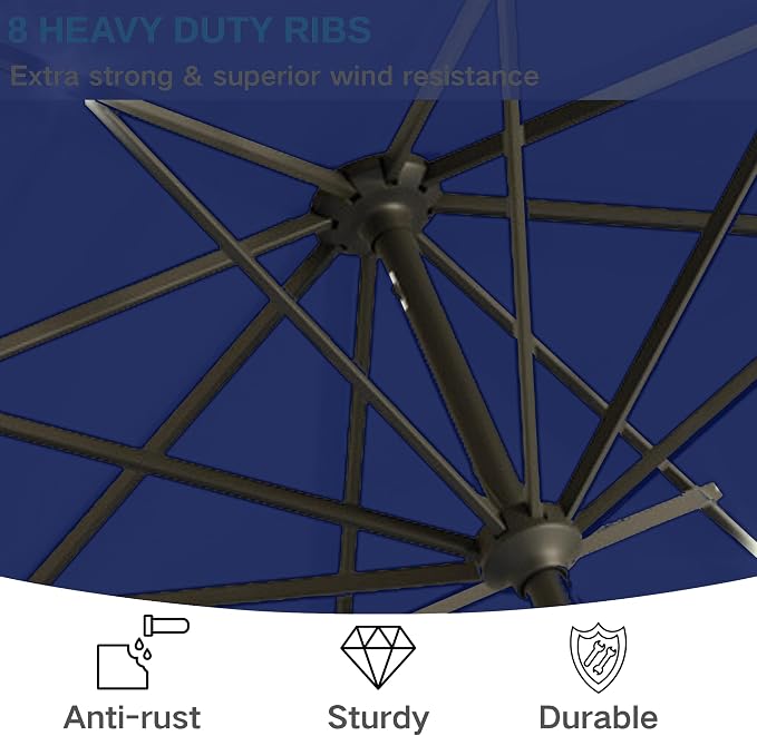 9' Solar LED Patio Umbrella with Tilt & Crank|8 Sturdy Ribs,UV Protection,Outdoor Market Table Umbrella for Deck,Lawn,Pool,Backyard(Navy)