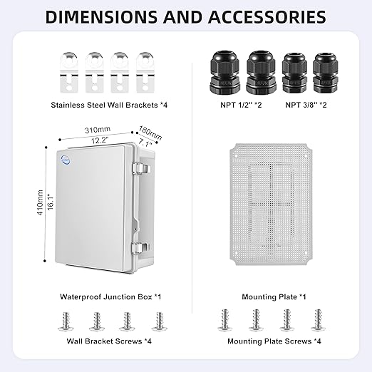 RTHIEAI Waterproof Outdoor IP67 Junction Box(16.1"x12.2"x7.1") with Mounting Plate, Hinged Grey Cover and Wall Brackets - Weatherproof ABS Plastic Electrical Enclosure for DIY Projects(410x310x180mm)