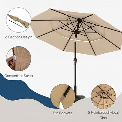 10ft 3 Tier Patio Umbrella, Outdoor Market Table Umbrella with UPF 50+ Vented Canopy, 8 Sturdy Ribs, Easy Push Button Tilt and Crank, Windproof for Deck, Pool, Backyard and Garden