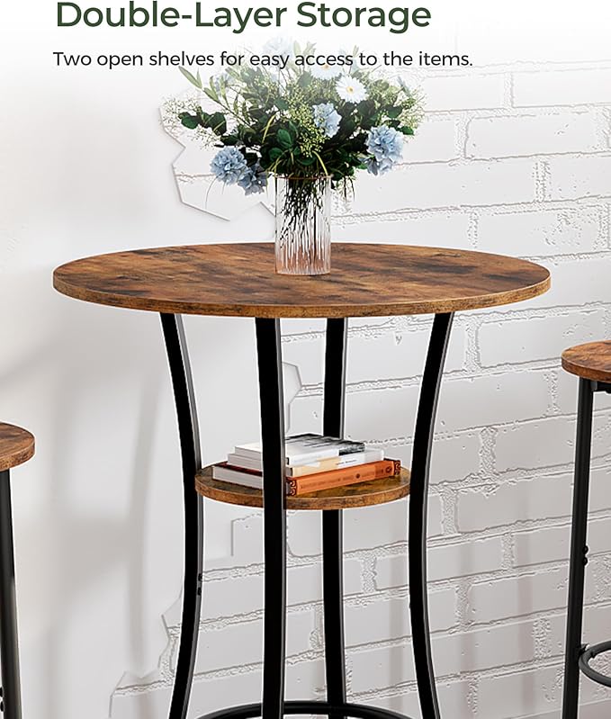 CHOEZON Round Bar Table, 2-Tier High Top & Counter Height Dining Table, for Bistro, Pub, Kitchen, Living Room, Rustic Brown and Black TBT03BF