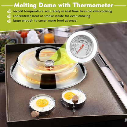 HaSteeL 12Inch Melting Dome for Griddle, Stainless Steel Basting Cover with Thermometer, Large Round Steaming Cover Lid for Flat Top Teppanyaki BBQ Camping Cooking Grilling, Indoor & Outdoor (2 Piece)