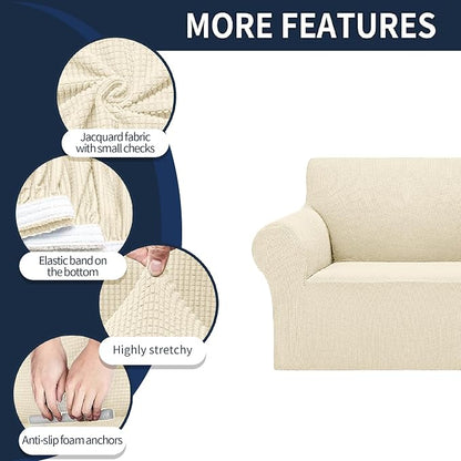 2025 New Stretch Loveseat Sofa Slipcovers Couch Cover for 2 Cushion Furniture Protector Sofa Covers with Elastic Bottom Small Checks for Pets, Kids - Beige