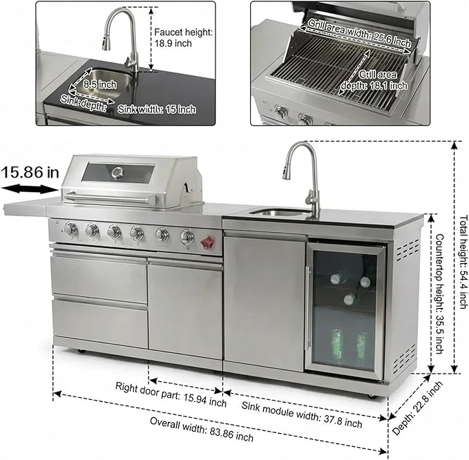 84" Modular Outdoor Kitchen Island, 4-Burner 75,300 BTU BBQ Island with Side Burner, Integrated Sink & Refrigerator, Side Prep Shelf, NG Conversion Kit, for Backyard and Patio Cooking, Silver