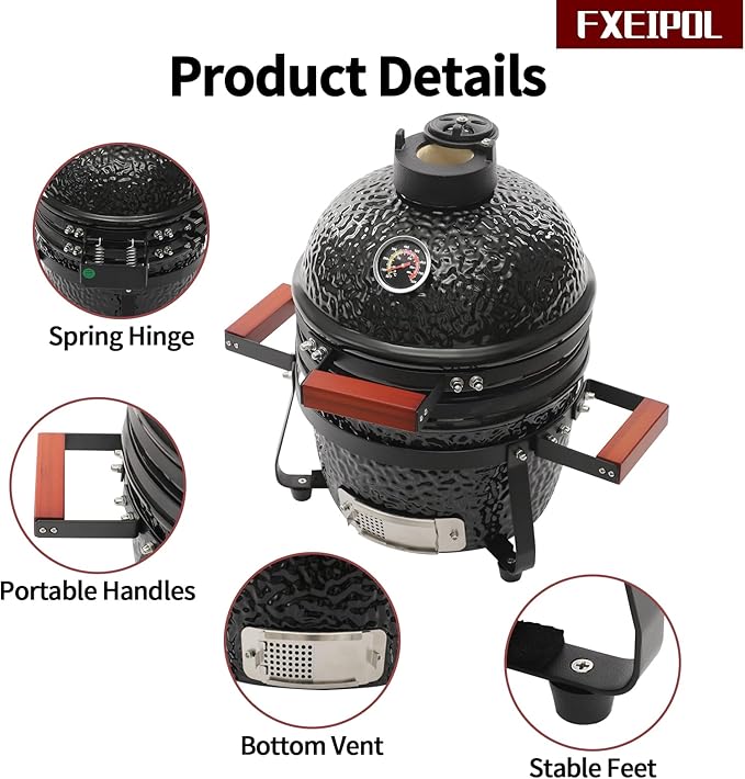 Ceramic BBQ Charcoal Grill, 13" Round Ceramic Barbecue Grill with Thermometer for Picnics, Camping (Black)
