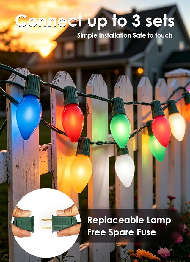 Formosa 26FT Upgraded Version C9 Christmas String Lights, Ceramic Multicolor Incandescent Bulbs, UL Listed, Ideal for Indoor Use, Xmas Tree, Holiday Party & Bedroom Decor