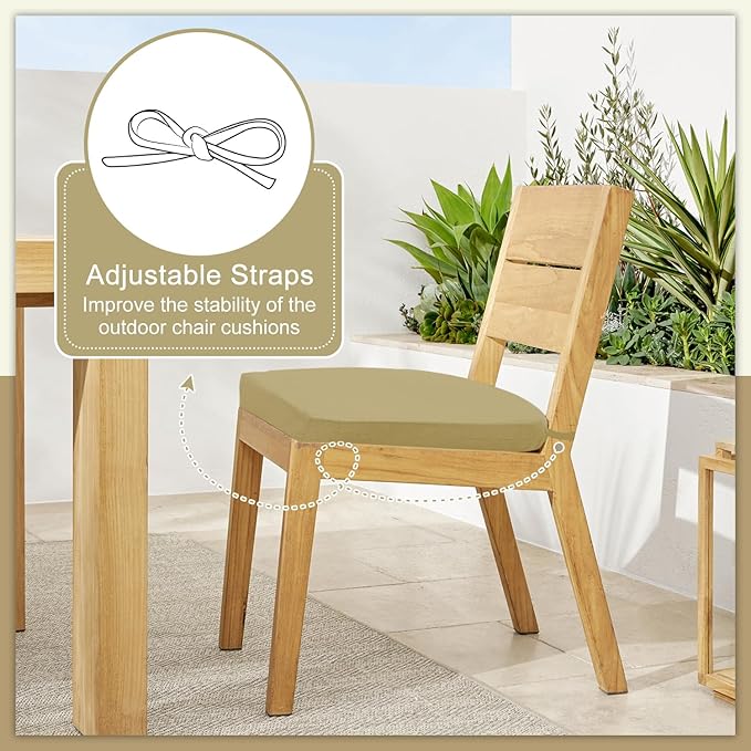 Cozyide Outdoor Chair Cushions, Waterproof Patio Seat Cushions with Adjustable Straps, Round Corner Patio Chair Cushions for Garden, Khaki, 17x16x2 Inch (Pack of 4)