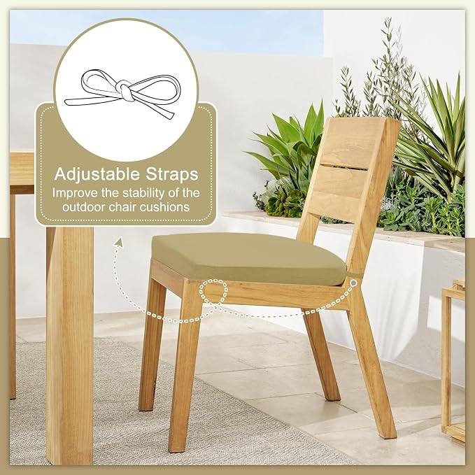 Cozyide Outdoor Chair Cushions, Waterproof Patio Seat Cushions with Adjustable Straps, Round Corner Patio Chair Cushions for Garden, Khaki, 17x16x2 Inch (Pack of 2)