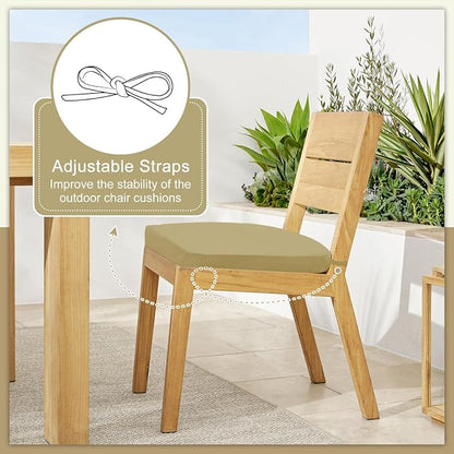 Cozyide Outdoor Chair Cushions, Waterproof Patio Seat Cushions with Adjustable Straps, Round Corner Patio Chair Cushions for Garden, Khaki, 17x16x2 Inch (Pack of 2)