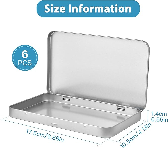 6 Pcs Metal Rectangular Tin Metal Hinged Lid, 6.88 x 4.13 x 0.55 Inch Mini Portable Small Storage Container Tin Box, Metal Box with Hinged Lid for Home or Outdoor Active Storage (Silver)