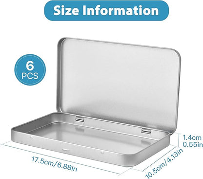 6 Pcs Metal Rectangular Tin Metal Hinged Lid, 6.88 x 4.13 x 0.55 Inch Mini Portable Small Storage Container Tin Box, Metal Box with Hinged Lid for Home or Outdoor Active Storage (Silver)
