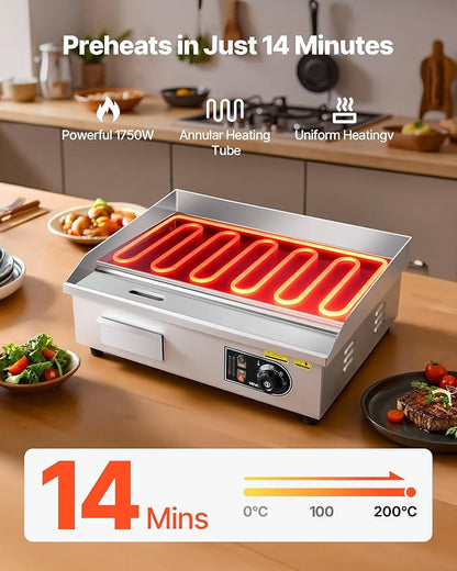 VEVOR Commercial Electric Griddle, 22", 1600W Countertop Flat Top Griddle, Stainless Steel Teppanyaki Grill w/Iron Cooking Plate, 122-572℉ Adjustable Temp Control 2 Shovels & Brushes, 110V