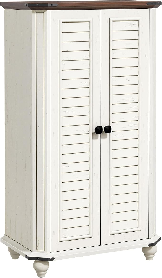 DWVO 45.2" Farmhouse Kitchen Pantry Cabinet wth 2 Shutters-Doors, White | 4-Tier Storage Cabinet, Adjustable Shelves, Wooden Tool Cabinet for Dining Room, Bathroom, Living Room, Laundry Room, Office