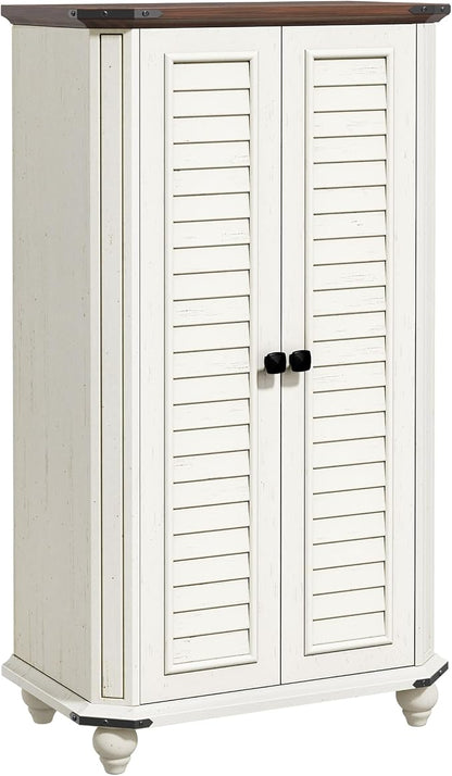 DWVO 45.2" Farmhouse Kitchen Pantry Cabinet wth 2 Shutters-Doors, White | 4-Tier Storage Cabinet, Adjustable Shelves, Wooden Tool Cabinet for Dining Room, Bathroom, Living Room, Laundry Room, Office