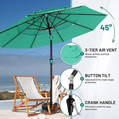 AreShark 9ft 3-Tier Patio Umbrellas, Outdoor Umbrella with 8 Sturdy Ribs UV Protection Windproof, Market Table Umbrella w/Push Button Tilt & Crank for Pool, Porch, Deck, Garden(Turquoise)