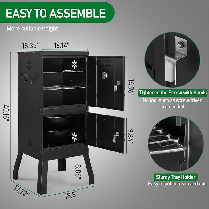 40" Vertical Steel Barrel Charcoal Grill,Metal Outdoor Barbecue Smoker,Portable Vertical Charcoal Smoker Grill,Heavy Duty Outdoor BBQ Grill,with Thermometer,for Garden Patio Beach Backyard (Black)