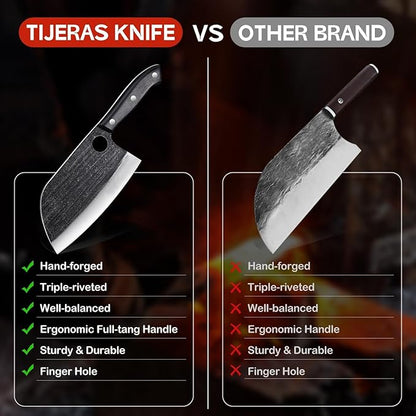 TIJERAS Butcher Knife Set, 3PCS Hand Forged Meat Cleaver, Serbian Chef Knife, Viking Knives with Sheaths, Meat Cutting Chef Knives Set for Kitchen Camping BBQ, Gifts for Men and Women