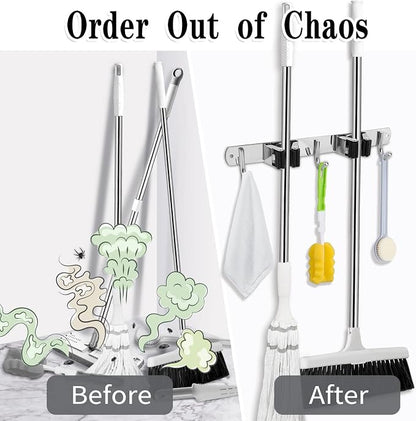AceMining Broom Holder Wall Mount, 2 Racks 3 Hooks Heavy Duty Mop Organizer | Mop Holder Wall Mount and Broom Hanger for Garage, Laundry Room, Kitchen and Utility Storage