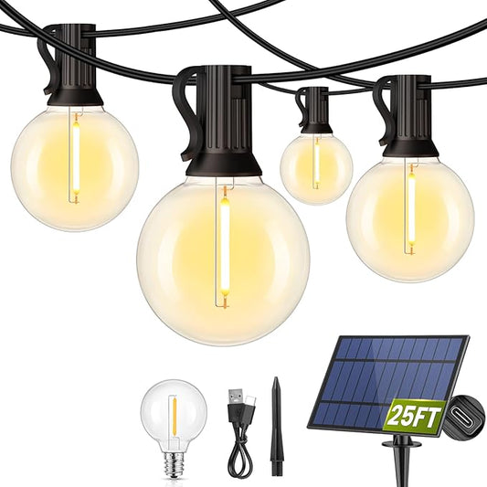 Mlambert 25FT Solar Powered String Lights Outdoor, Waterproof Solar Patio Light String with 10+1 Shatterproof LED G40 Bulbs for Backyard Garden-Black