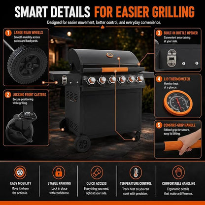 6-Burner Propane Gas Grill with Side Burner, 72,000 BTU Outdoor BBQ Grill, 650 Sq. In. Cooking Area, Cast Iron Grates, 4 Wheels, Pull-Out Drip Tray, Black