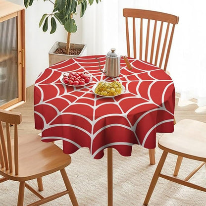 Spider Web Heros Tablecloth, White Spiderweb Red Cobweb Water Resistant Wipeable Table Cover for Picnic Party Holiday Kitchen Dinner Table 36"