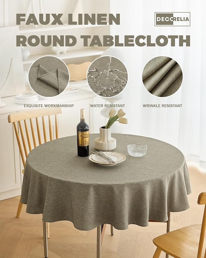 Decorelia Waterproof Faux Linen Farmhouse Round Table Cloth for Indoor/Outdoor, Decorative Rustic Fabric Tablecloth Cover for Party Picnic Dining & Kitchen Table (60 Inch, Round (2-4 Seats), Natural)