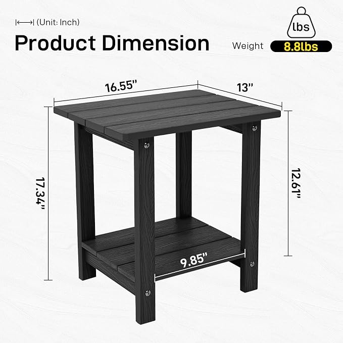 Outdoor Side Table, Weather Resistant Double Small Adirondack Side Table, Outdoor Indoor End Table for Chair, 17" Patio Table for Pool, Deck and Porch, Black (Item2, Black)