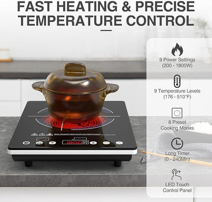 VBGK Electric Cooktop,110V Electric Stove Top,Single Burner LED Touch Control,9 Power Levels, Kids Lock &Timer,Overheat Protection,1800W Portable Induction Cooktop.