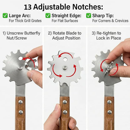 Grill Scraper with Adjustable Blade, 13 Notches Universal Bristle Free Grill Brush for Hot & Cold Grill Grates, Heavy Duty Stainless Steel Grill Cleaning Tool for Gas Charcoal Electric Grills